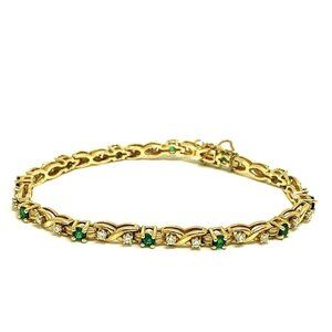 Diamond Green Emerald 14k Yellow Gold Tennis Bracelet Estate Jewelry 6.75''